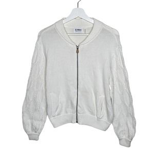 27 MILES Zip Front Bomber Sweater Cardigan White Crochet Sleeve {3O39}